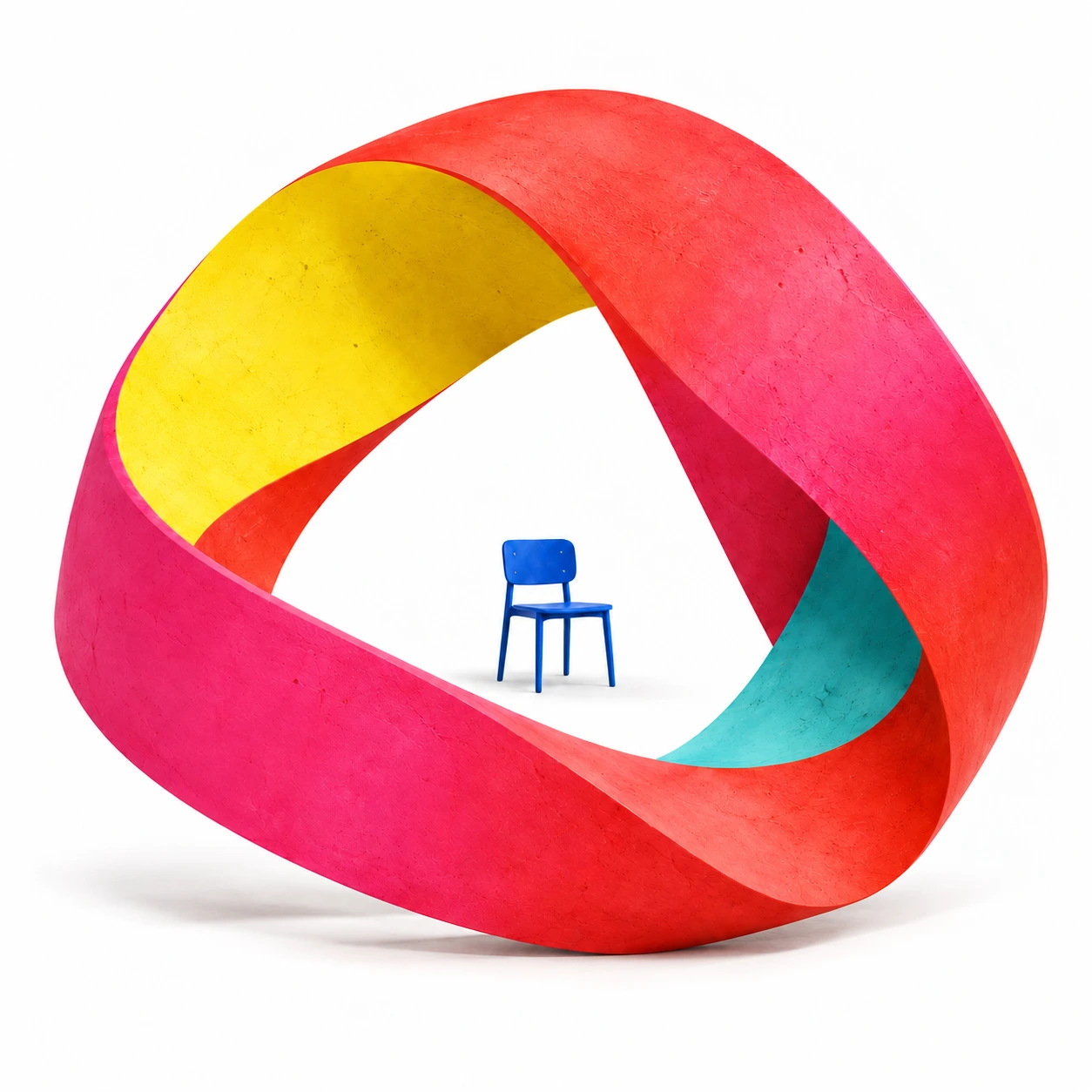 A small blue chair at the centre of a colourful impossible loop